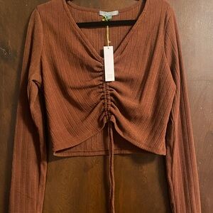Good Luck Gem Brown V-Neck Ruched Crop Top